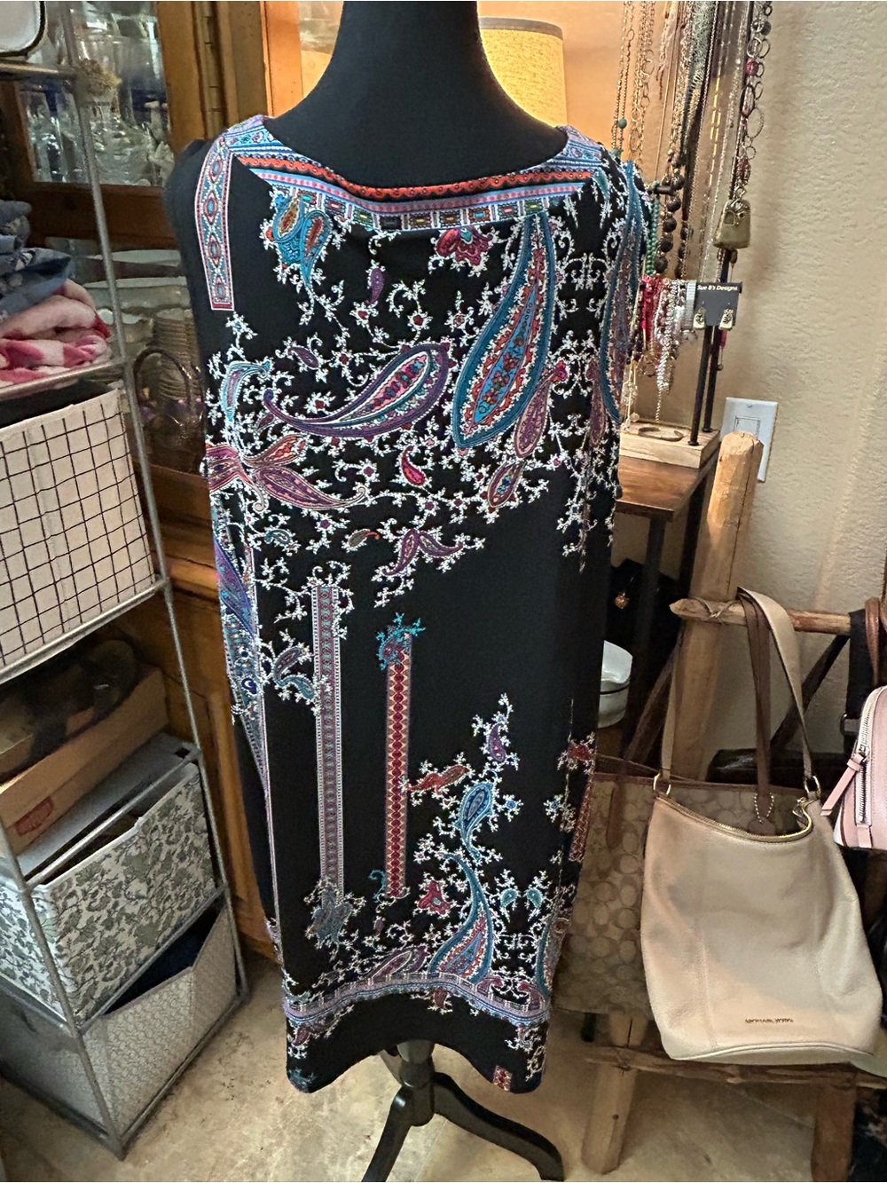 Nicole by Nicole Miller XL Paisley Tunic Dress Black Multicolor Boho Sleeveless - Picture 4 of 6